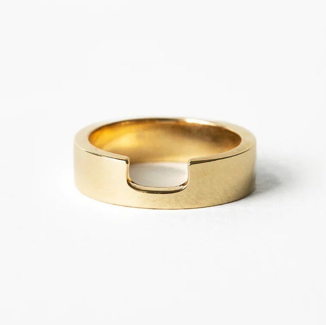 14K Gold Cigar Band Ring, Unique 5mm Wide Cut Out Design, Perfect for a ...