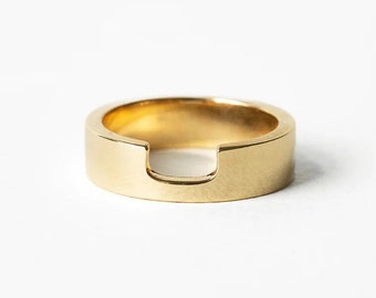 14K Gold Cigar Band Ring, Unique 5mm Wide Cut Out Design, Perfect for a Wedding or Nesting Ring, Luxurious Gift for Her