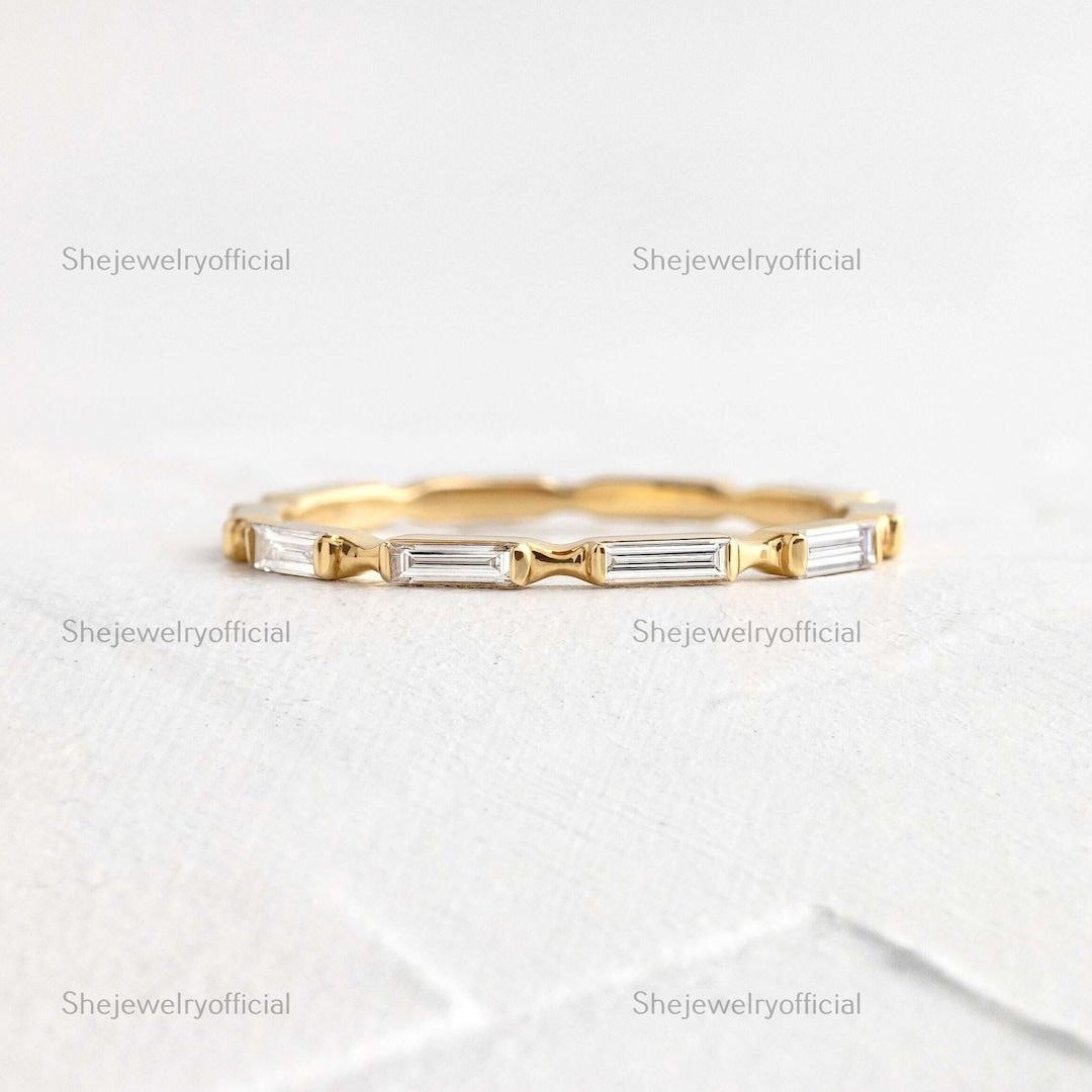 14K Solid Gold Horizontal Baguette Moissanite Wedding Ring, Full Eternity  Dainty Baguette Stackable Band
