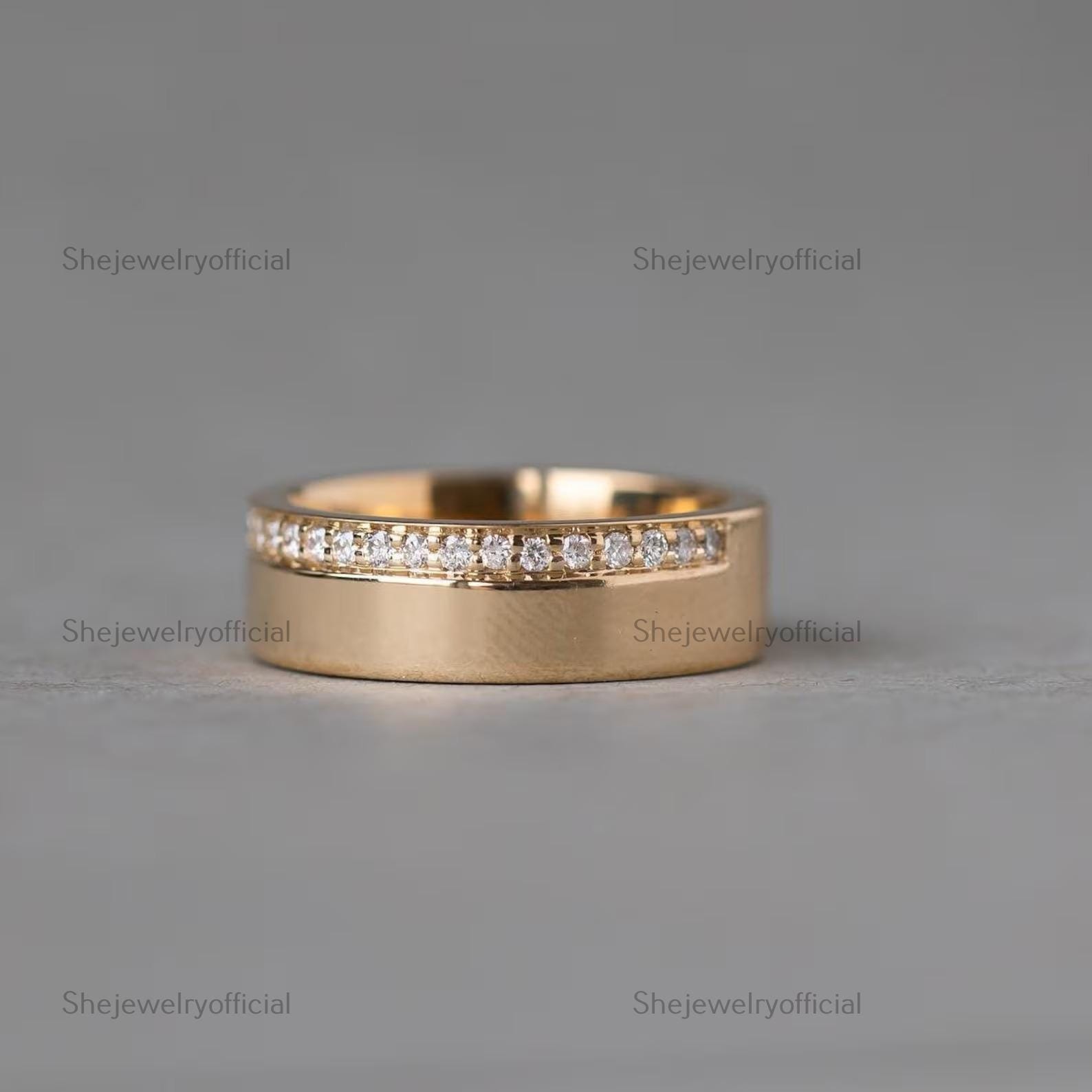 5MM Round Cut Moissanite Wedding Band • 14K Gold One Side Pave Eternity Ring • Stacking Anniversary Gift for Her
