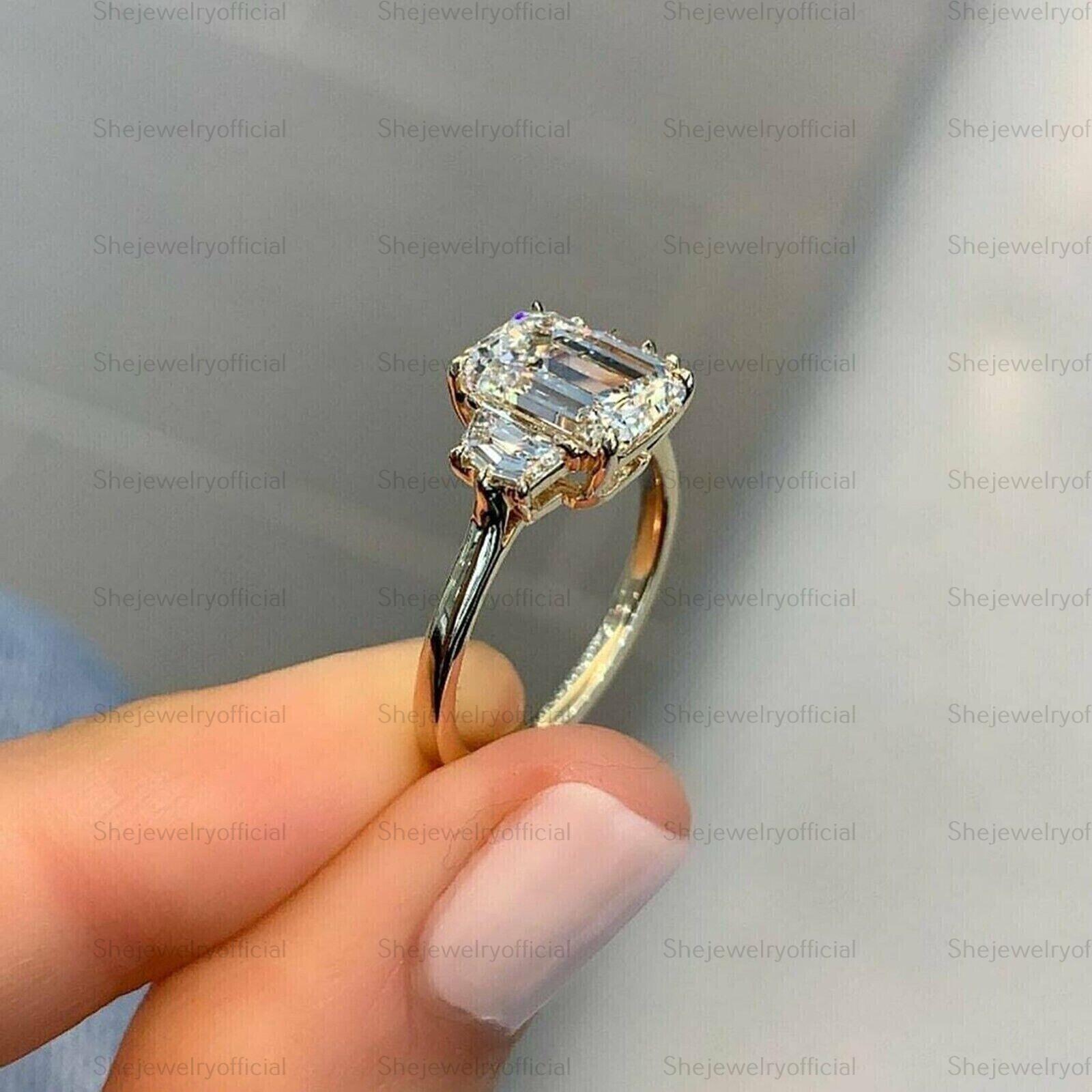 3CT Emerald Cut Lab Grown Diamond Ring, 14K Gold Three Stone Ring ...