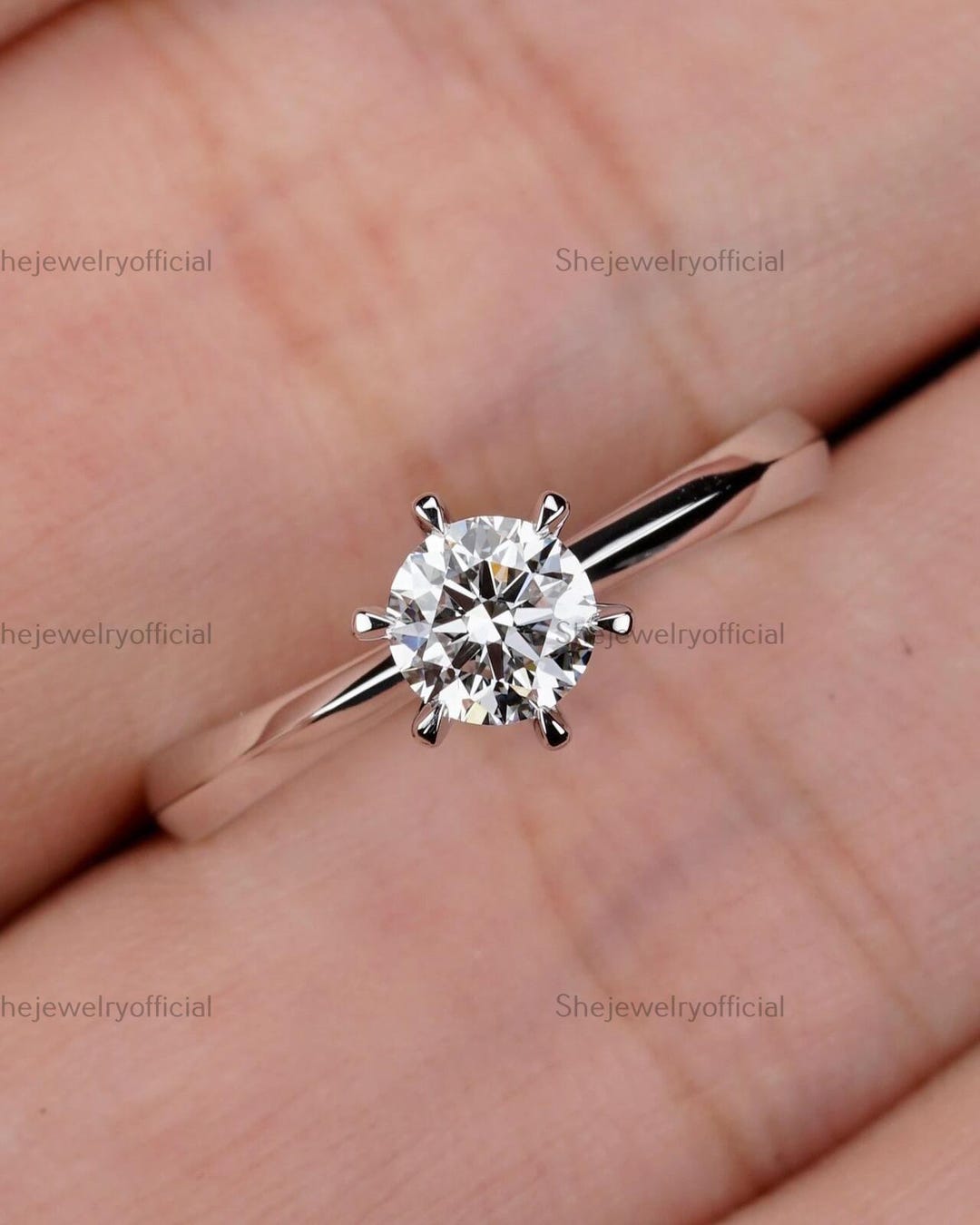 1CT Round Lab Grown Diamond Solitaire Engagement Ring 14K Gold, Six ...