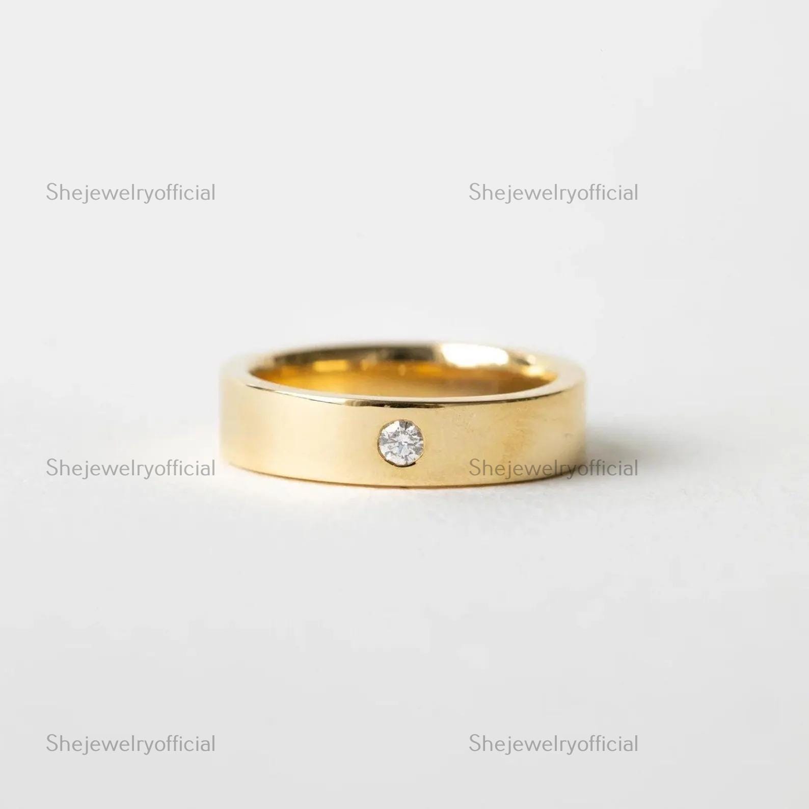 14K Yellow Gold Unisex Diamond Band, Wedding Ring with Single Diamond | Anniversary Gift