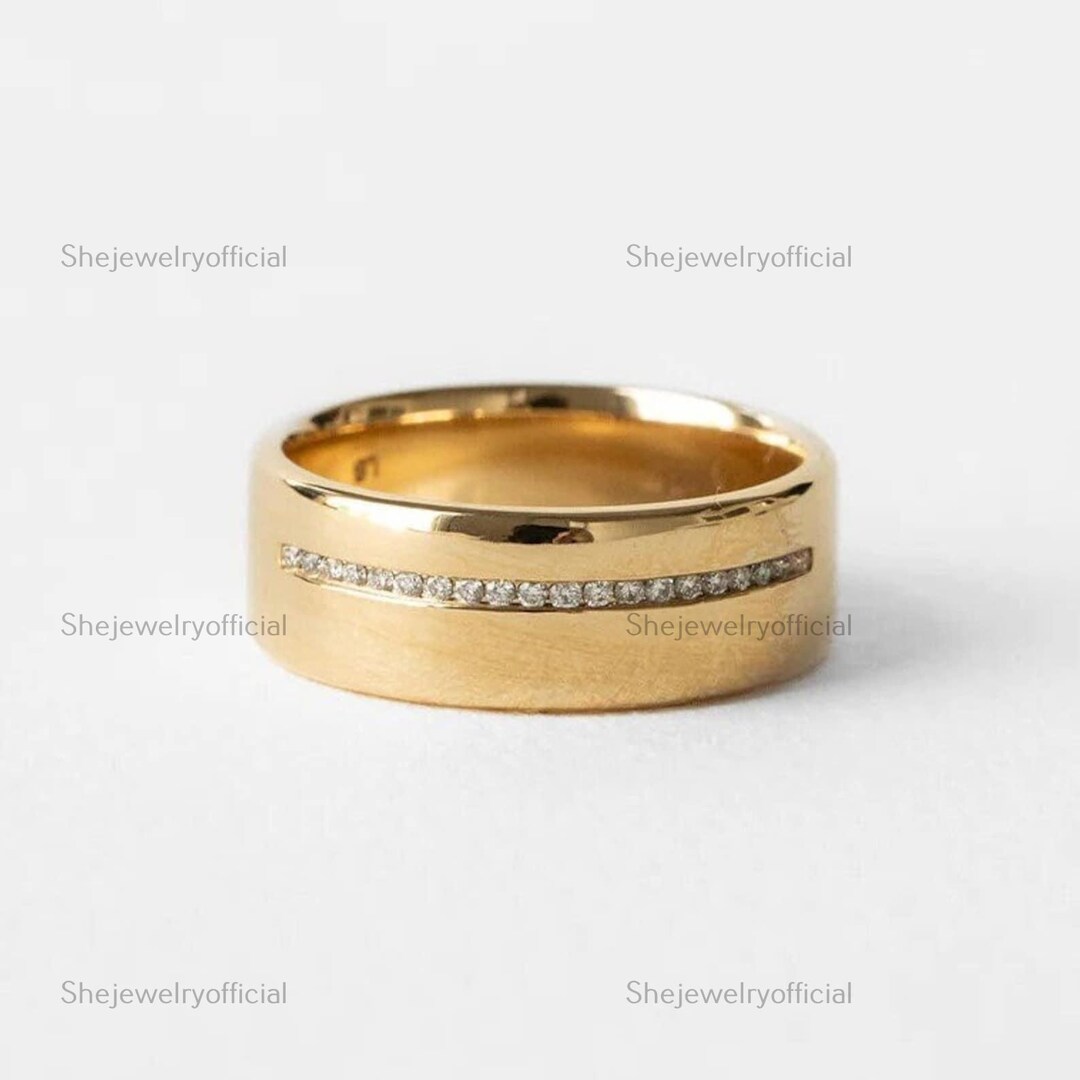 14K Yellow Gold Moissanite Wedding Band, Round Cut Eternity Ring ...