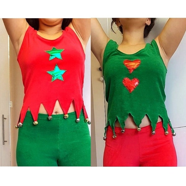 Haut court tendance de Noël de couleur rouge ou verte / costume de lutin de haute qualité / assistant du père Noël / costume en velours de coton / cadeau pour elle et lui !