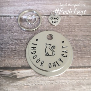 Indoor only cat - choice of 3 cat designs - 2 sizes - pet cat ID collar tag
