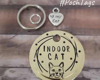 Indoor cat (or cat name) - line dot border - pet cat ID collar tag