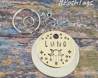 Magic Moon & Stars - Luna (or your pet name or "chipped") - 3 sizes pet cat dog ID collar tag #PoshTags