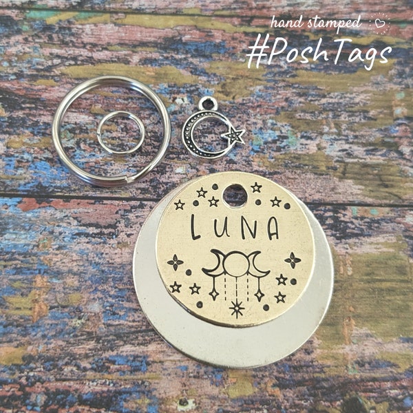 Magic Moon & Stars - Luna (or your pet name or "chipped") - 3 sizes pet cat dog ID collar tag #PoshTags