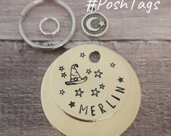 Merlin (or any name) wizard/witch - hat moon stars magic cute funny - pet cat dog ID collar tag