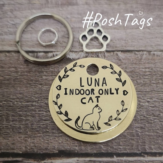 Indoor Cat Only Any Name Leaf Border Pet Cat ID Collar Tag