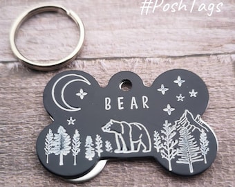Your pet's name (or I am chipped) - bear mountains trees - bone shaped tags - pet dog ID collar tag