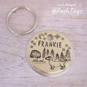 Gone camping - Dachshund sausage Weiner dog - camper van camping tent forest outdoors hiking - pet cat dog ID collar tag