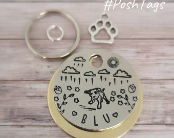 Great British Weather - rain, clouds, puddle - staffy Staffordshire bull terrier (dog stamp can be changed) - pet dog ID collar tag