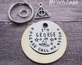 Please call my witch - hat wizard stars magic - pet cat dog ID collar tag