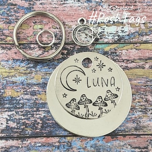 Moon & toadstools - Luna (or your pet name or &quot;chipped&quot;) magic mushrooms cute stars - pet cat dog ID collar tag
