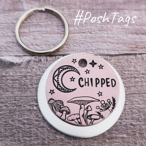 Chipped (or name) mandala moon, mushrooms, toadstools, wildflowers, stars - pet cat dog ID collar tag