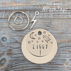 Ziggy (or your pet name or &quot;chipped&quot;) - moon star lightning bolt flash rocket stars space - pet cat dog ID collar tag #PoshTags