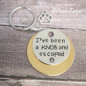 Könnte beinhalten: Ein silberner und goldener Hundemarkenanhänger mit dem Text "I've been a KNOB and escaped" und einem Pfotenabdruck. Der Anhänger ist an einem silbernen Schlüsselring mit einem kleineren silbernen Ring befestigt.