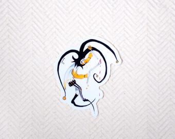 May include: A sticker featuring a whimsical jester illustration. The jester is depicted in black, yellow, and white, with long, flowing black hair and a playful pose. Red accents add a touch of drama to the design.
