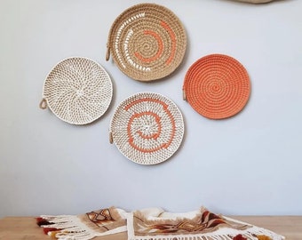 Boho Basket Wall Decor Set of 4, Woven Rattan and Seagrass, Hanging Art