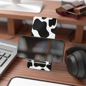 Cow Print Phone Stand, Mobile Display Stand for Smartphones,  phone holder for desk, desk accessories, work accessories, tech holder