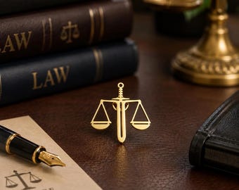 May include: A gold-toned metal lapel pin shaped like a sword integrated with a set of scales. The pin is positioned on a dark surface near a fountain pen, a stack of books labeled LAW, and a notepad with the word JUSTICE printed on it.