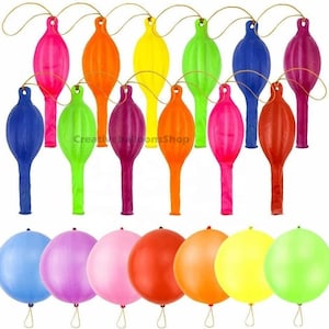 May include: Assortment of colourful balloon animals, including a blue, green, purple, pink, red, orange, and yellow balloon. The balloons are inflated and have a long, thin tail. There are also eight round balloons in various colours.