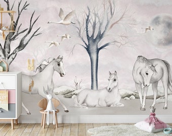 Papier peint pour enfants chevaux / chevaux / oiseaux / chambre d'enfants / papier peint pour filles /