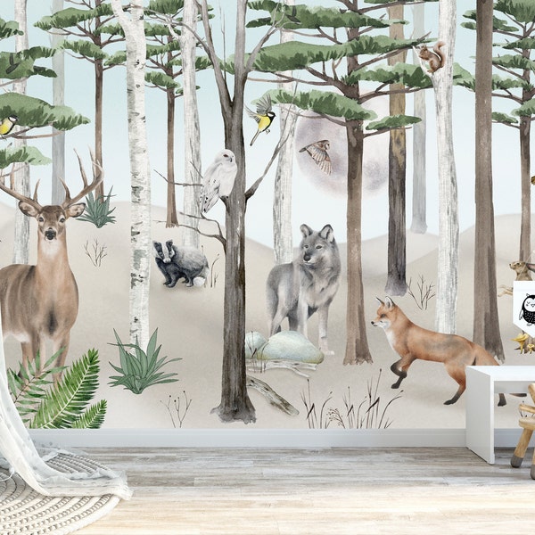 Forest Animals kids wallpaper, wolf, fox, rabbit, deer, forest, trees, forest animals