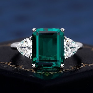 Three Stone Ring Emerald Cut Lab Created Emerald 925 Sterling Silver Ring For Women Engagement Ring Handmade Gemstone Ring Gifts For Her