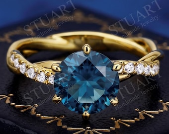 Round London Blue Topaz Engagement ring, 14K Yellow Gold Twisted Infinity Band, Criss Cross Pave Solitaire Bridal Anniversary Gift