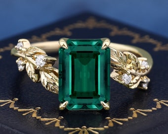 Emerald Cut Lab gemaakt Emerald 925 Sterling zilveren ring voor vrouwen verlovingsring blad ontwerp belofte handgemaakte edelsteen ring giften voor haar