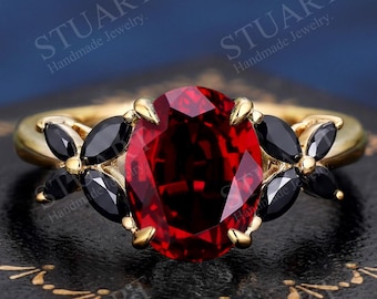14K Yellow Gold Oval Red Ruby Engagement Ring, Art Deco Black Spinel Promise ring for her, Unique Marquise Anniversary Gift, Vintage Flower