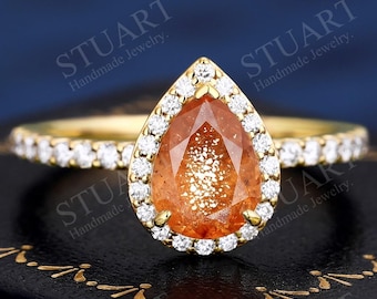 Pear cut Natural Sunstone Gold ring For Women Engagement Elegant Daily Wear Ring Bridal Orange Gemstone Ring Gifts For Her Luxury