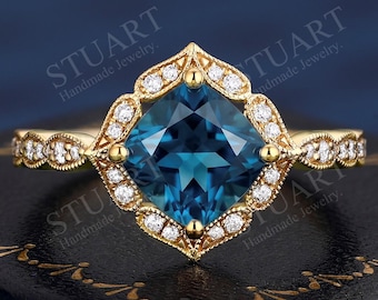 Diamond 18K yellow Gold engagement ring Cushion cut Natural London Blue Topaz ring for her handmade elegant band Royal Vintage ring