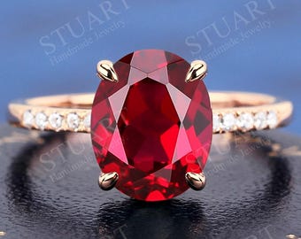 Solid Gold Oval cut Red Ruby ring For Women Wedding Engagement ring red gemstone Handmade Promise Ring Anniversary Ring Gift