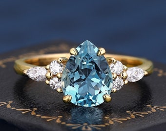 Teardrop Cut Natural Aquamarine K Solid Gold Ring For Engagement Wedding Band Bridal Ring For Women Vintage Luxury Daily Wear Ring