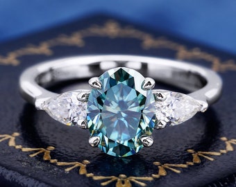 Cyan Blue Moissanite Oval Cut 925 Sterling Silver Ring For Women Engagement Ring Handmade Gifts For Her Anniversary Three Stone Ring