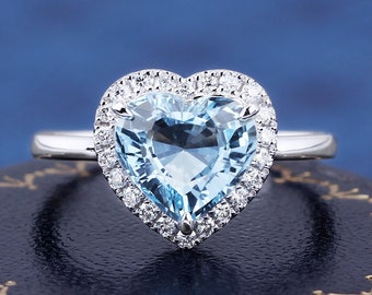 Heart Shape Natural Aquamarine K Solid Gold Ring Engagement Ring Wedding Band Handmade Luxury Ring Gifts For Her Anniversary Ring