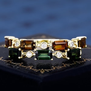 K Solid Gold Emerald Cut Natural Green And Brown Tourmaline Ring For Women Wedding Engagement Band Gemstone Diamond Handmade Gold Ring