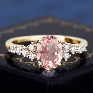 Natural Morganite Ring For Women Cluster Ring Oval Cut 18K Solid Gold Wedding Engagement Ring Band Moissanite Handmade Ring
