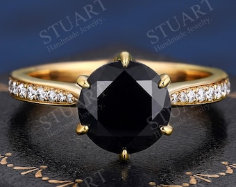 Round cut Natural Black Onyx 14K yellow Solid Gold Ring For Her Engagement Ring Wedding Diamond accent Anniversary Gifts Art Deco Ring