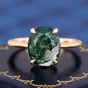 Anel solitário com corte oval, ágata de musgo natural, anel de ouro para mulheres, banda de noivado, promessa, anel de casamento, presentes de aniversário, anel com pedras preciosas naturais