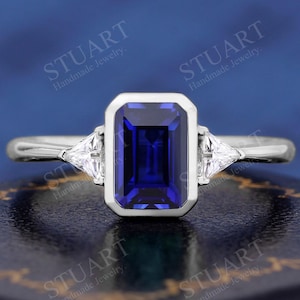 Sterling silver elegant Three-stone ring engagement ring emerald cut Blue Sapphire ring for women promise ring anniversary gifts for her