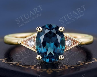 18K Rose Gold Natural London Blue Topaz ring Milgran Handmade engagement ring Anniversary Three Stone Ring