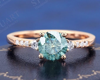 K Solid Gold Round Firework Cut Light Blue Moissanite Ring For Women Engagement Wedding Band Anniversary Promise Gifts For Her