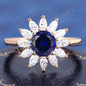 Round cut Sapphire 18K solid Gold ring for women wedding engagement ring handmade gold bridal Anniversary gifts for her ring