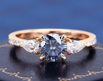Gifts For Her K Solid Gold Round Cut Blue Grey Moissanite Ring For Women Engagement Wedding Ring Handmade Gold Ring Luxury Gemstone Ring