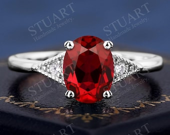 Three-stone ring Oval shaped Ruby 925 sterling silver ring for her engagement ring handmade elegant ring red gemstone gifts for women